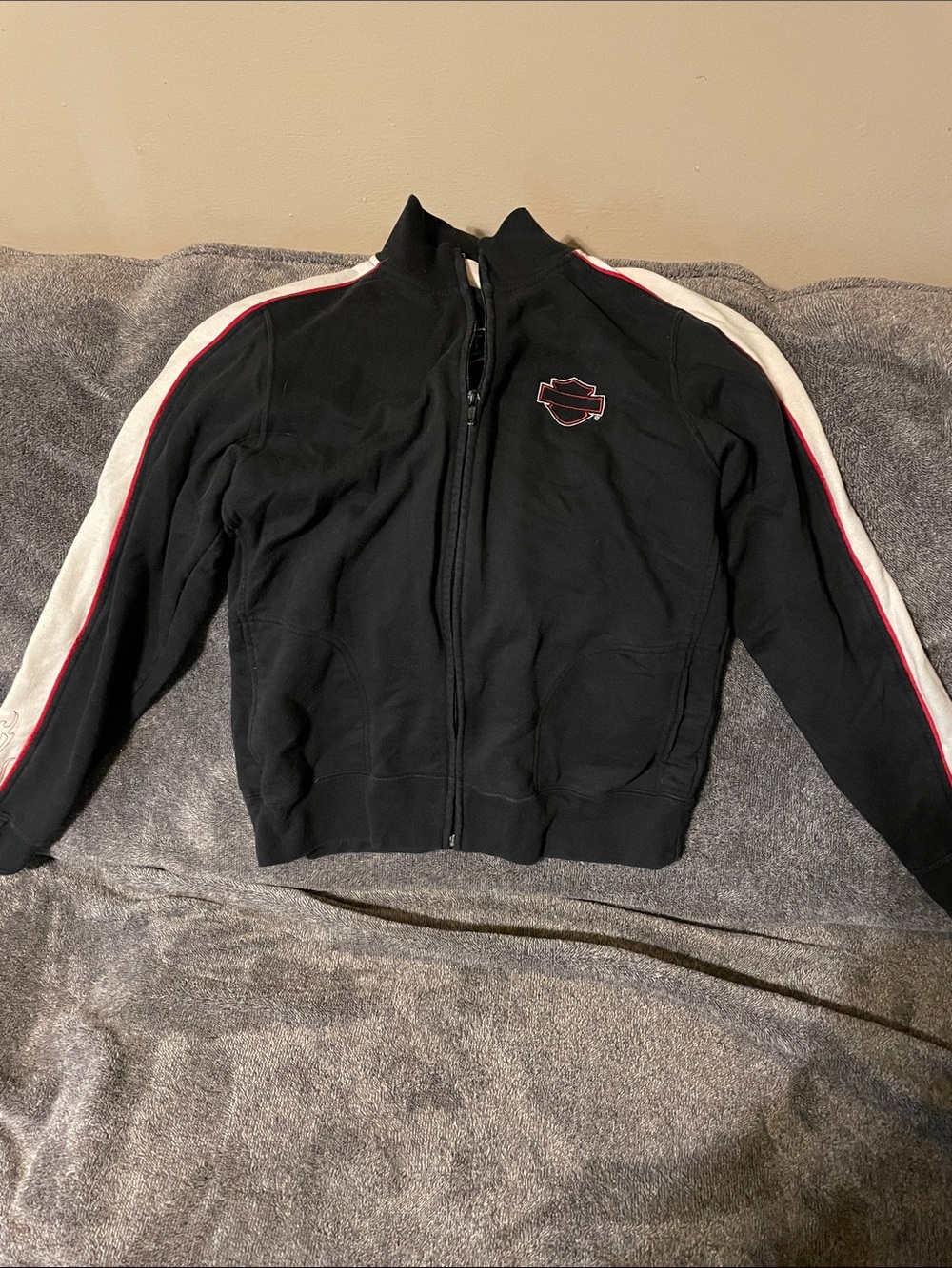 Harley-Davidson Black Zip-Up Bomber Jacket with White & Red Stripes